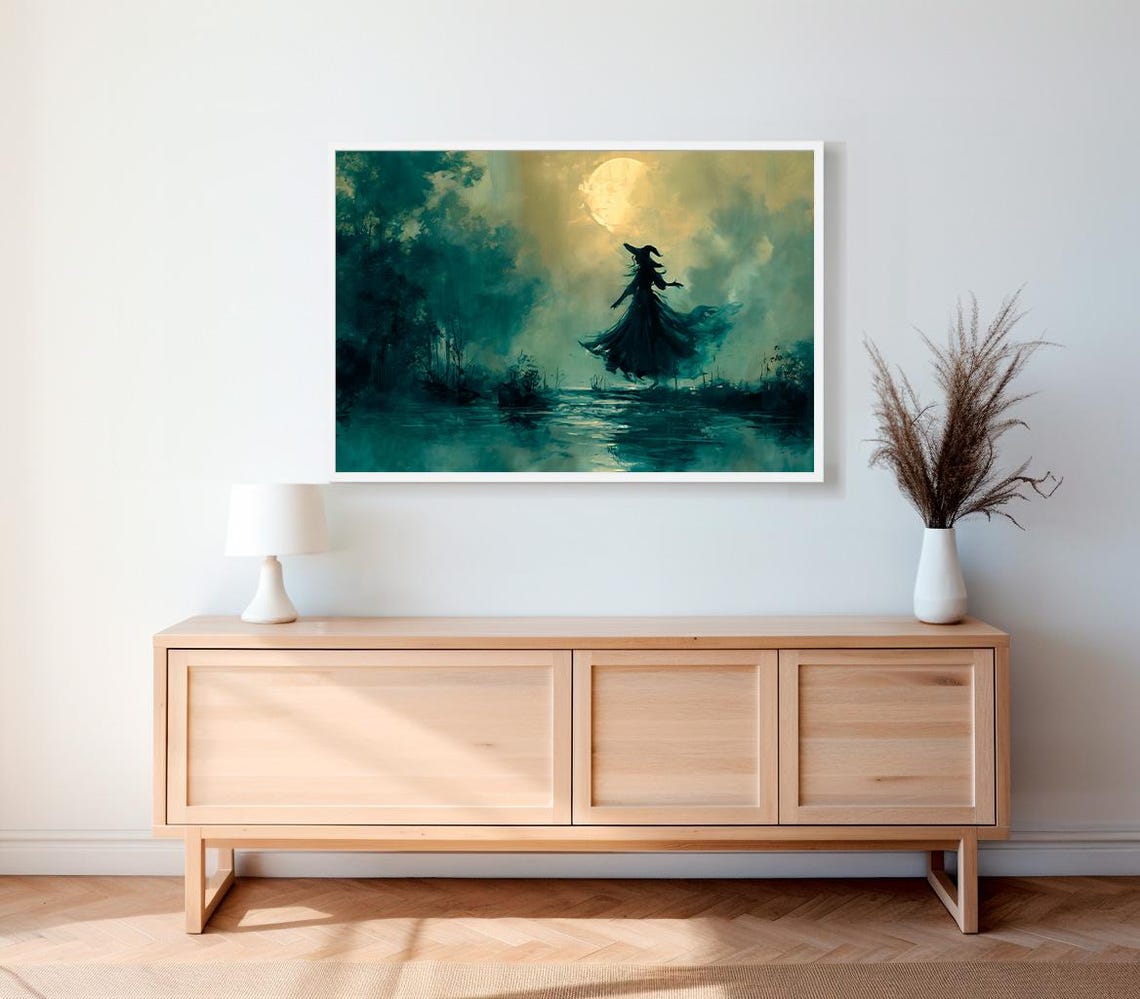 Witch Silhouette in a Misty Moonlit Swamp Spooky Halloween Poster - Image 2