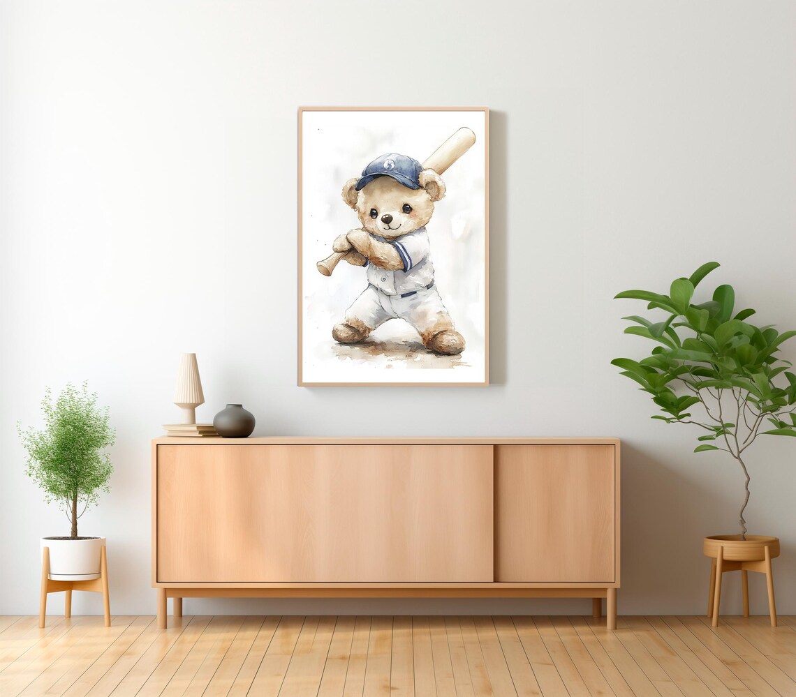 Teddy Bear Baseball Player Watercolor Cute Nursery Sports Poster - Image 2