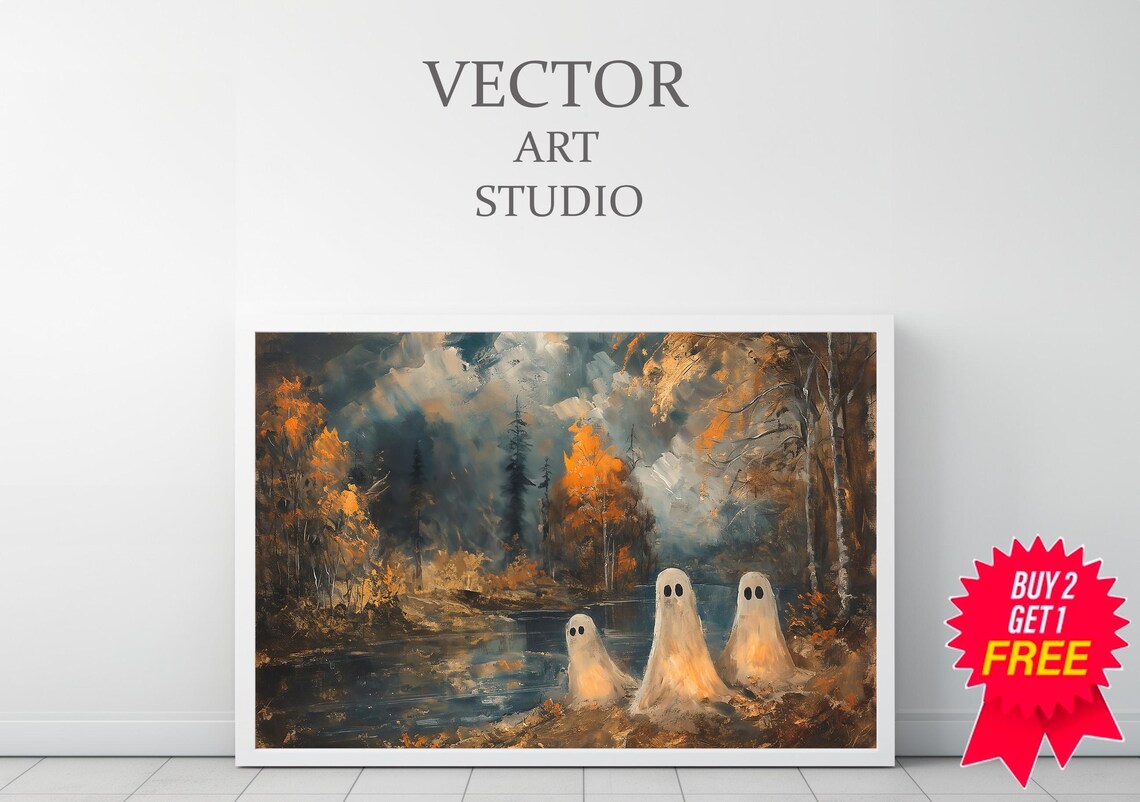 Cute Ghost Family by a Moonlit Lake Autumn Night Halloween Art Poster - Image 3