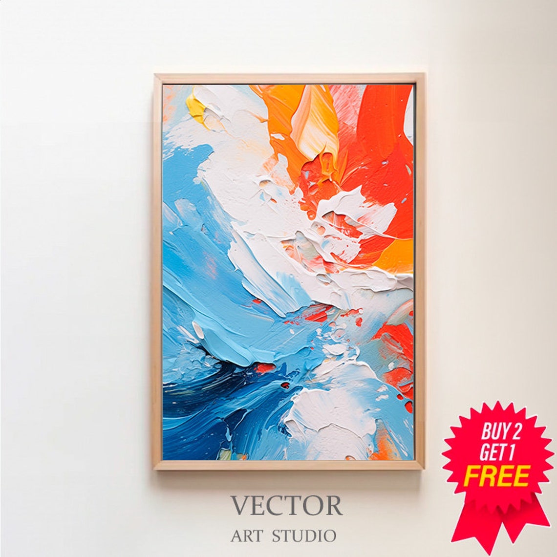 Ocean Blue and Fiery Orange Abstract Impasto Painting Poster