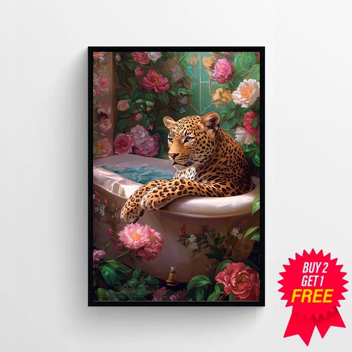 Leopard Relaxing in a Floral Bathtub Maximalist Bathroom Art Poster - Image 4