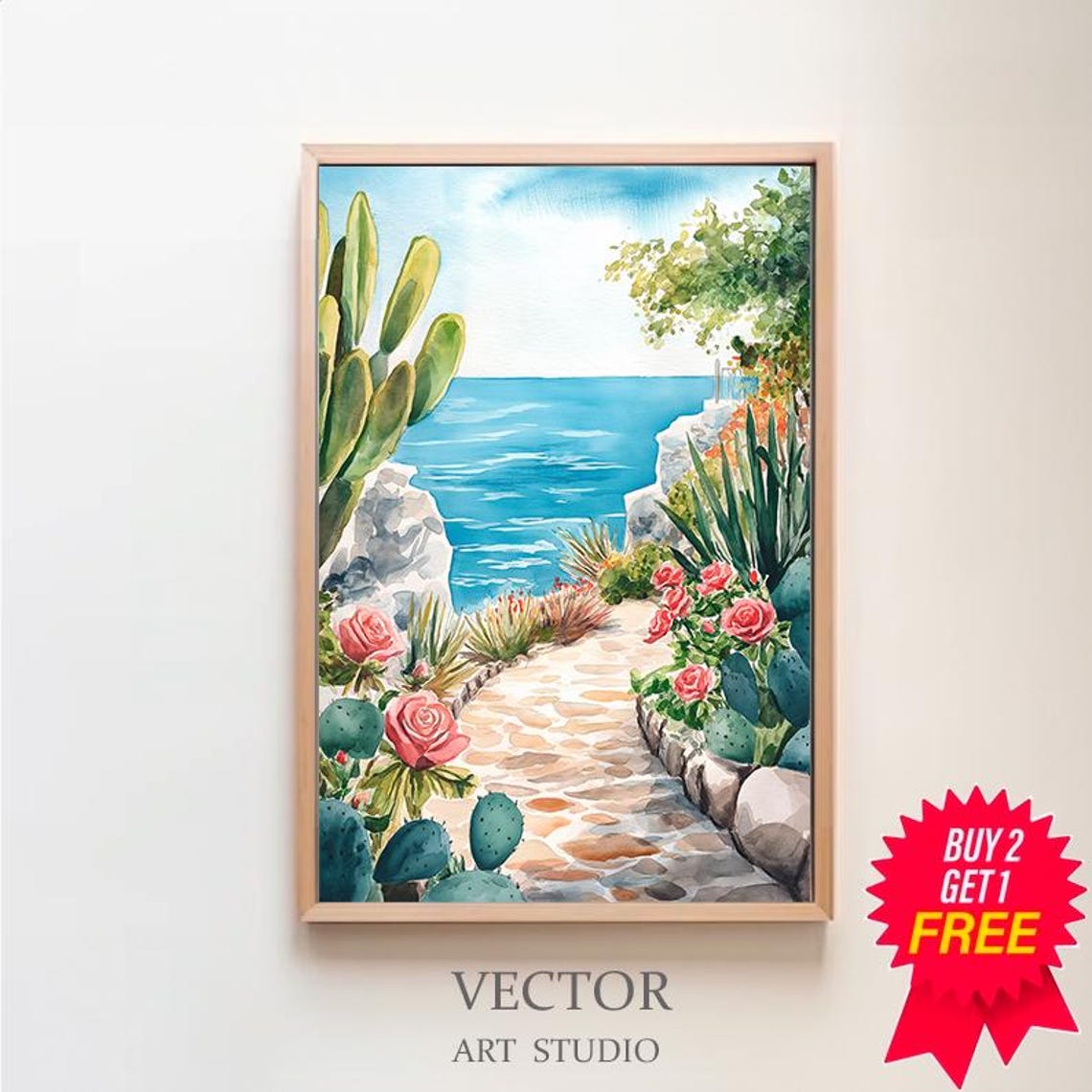 Cactus Lined Stone Garden Path to the Sea Mediterranean Poster