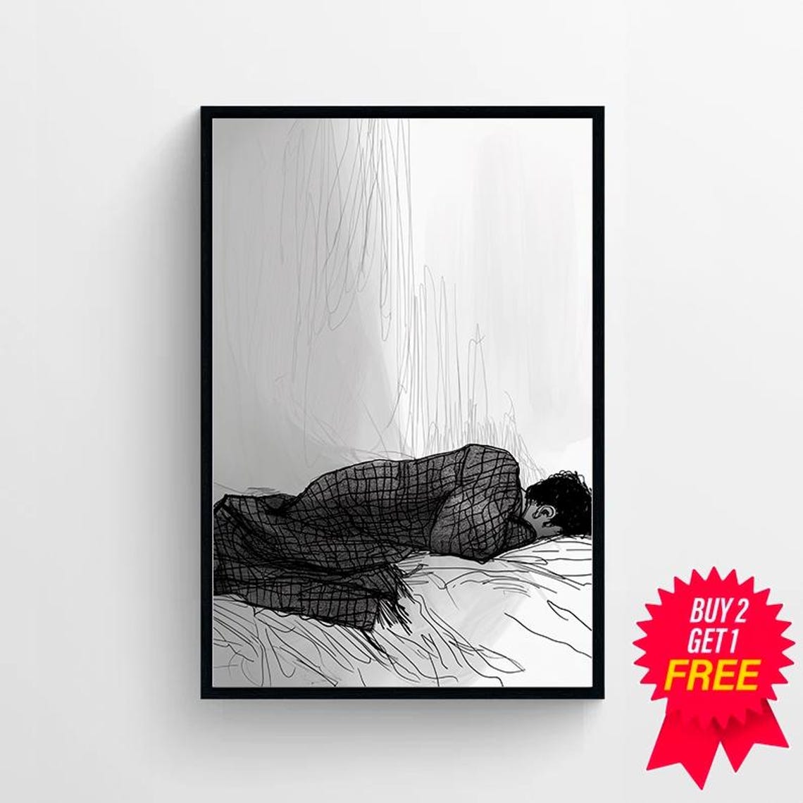Sleeping Man Minimalist Ink Line Drawing People Sketch Poster - Image 4