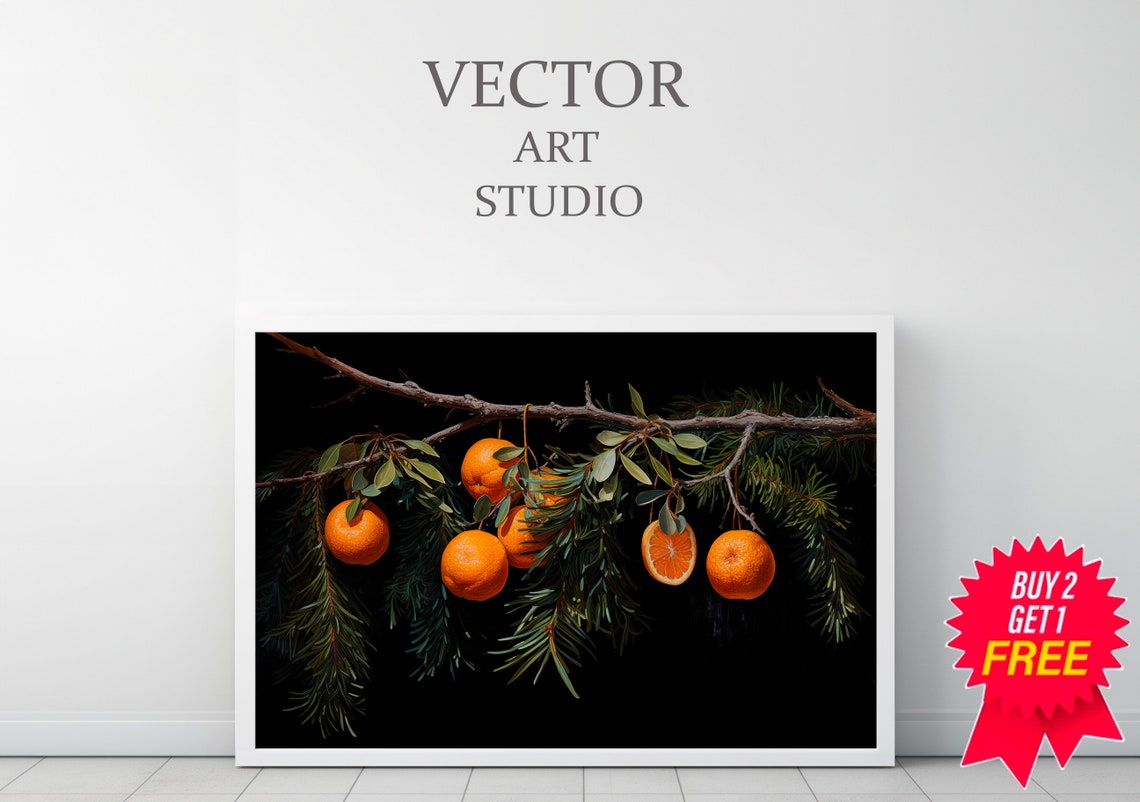 Whole Oranges on Bare Winter Branch with Pine Black Botanical Poster - Image 3