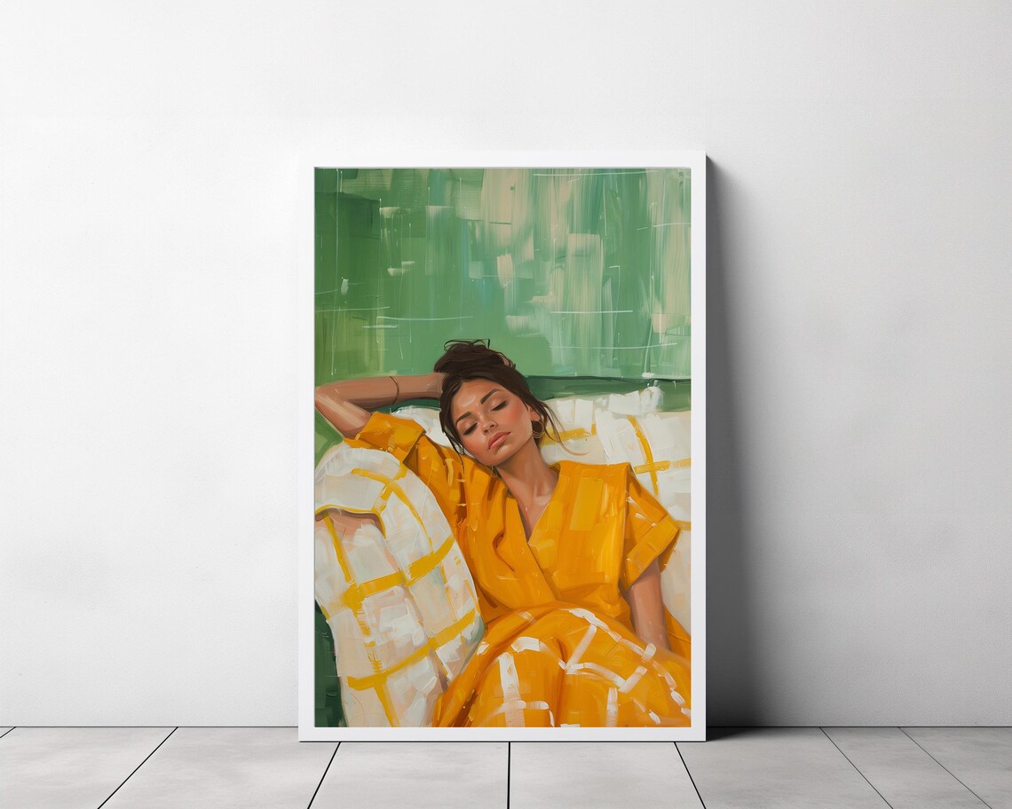 Painted Woman in a Mustard Yellow Dress Reclining on a Couch Poster - Image 3