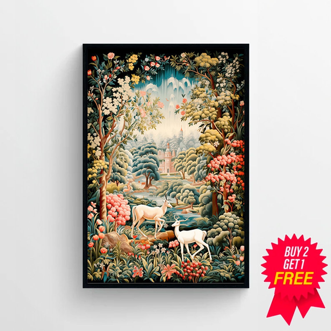 Tapestry Style Enchanted Forest with Two White Deer Vintage Art Poster - Image 4