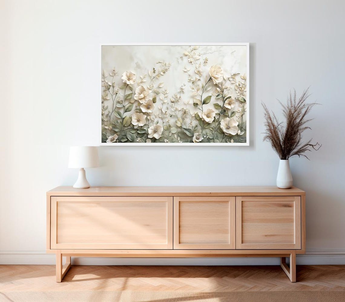 White Wildflowers On Marble Sage Green Textured Floral Poster - Image 2