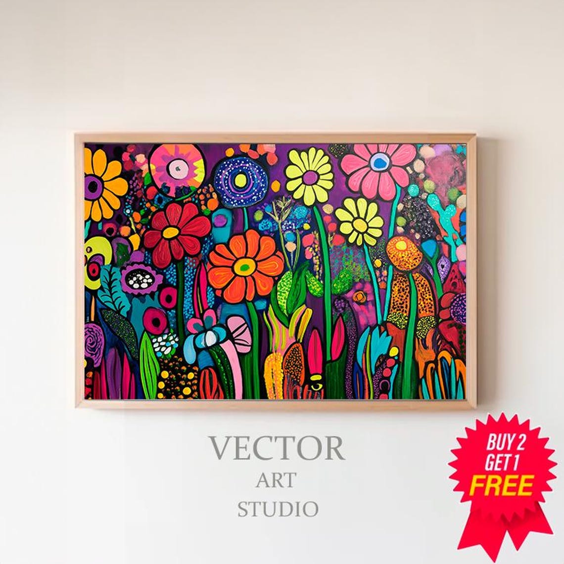 Vibrant Psychedelic Blossom Field Whimsical Folk Floral Poster