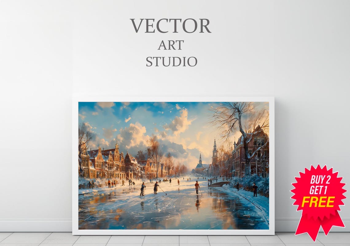 Sunset Canal Ice Skaters Dutch Town Winter Street Scene Poster - Image 3