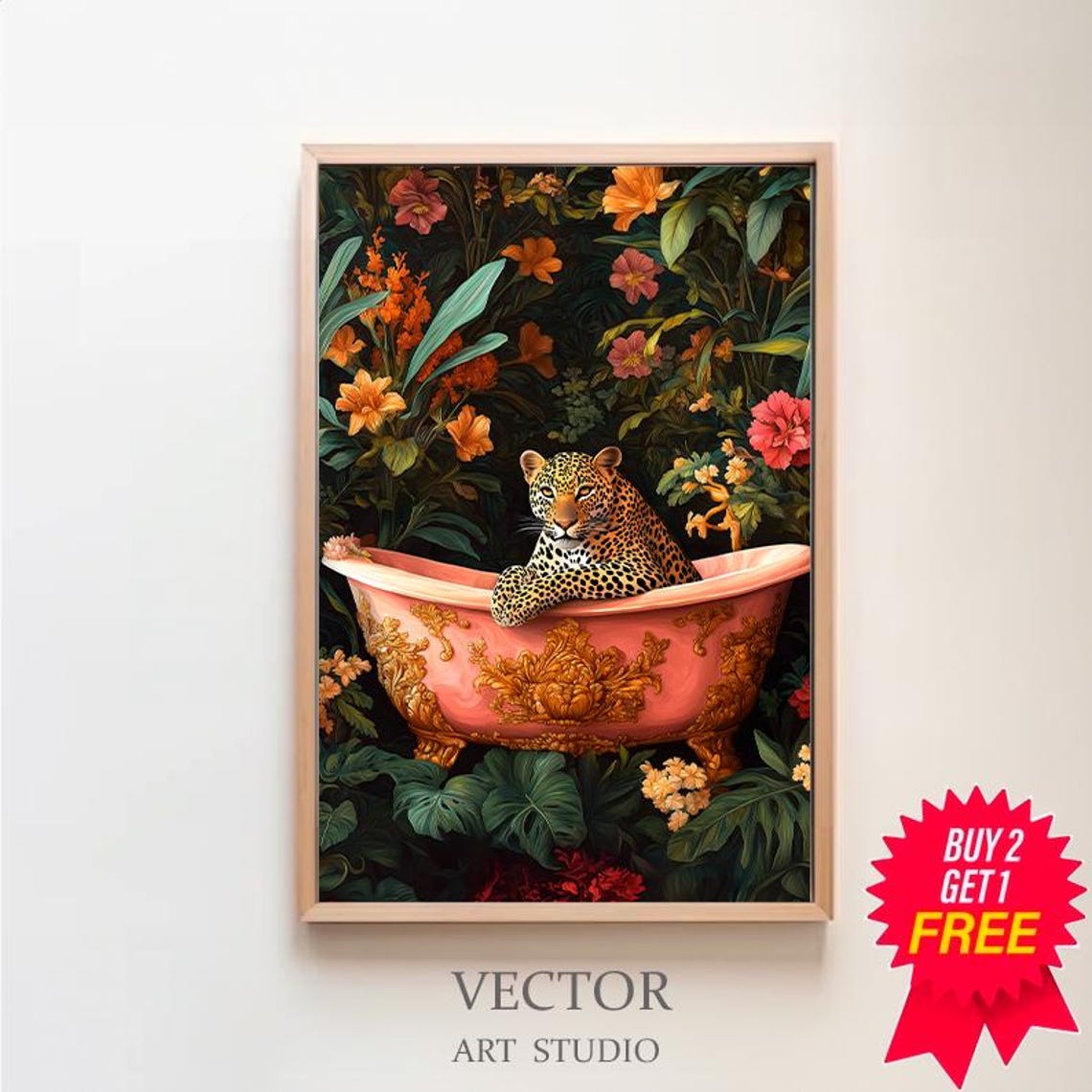 Leopard Lounging In A Pink Bathtub Maximalist Jungle Art Poster