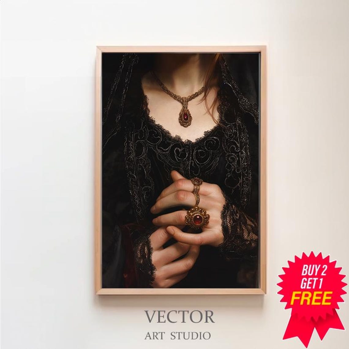 Woman in Black Lace with a Garnet Pendant Gothic Portrait Poster