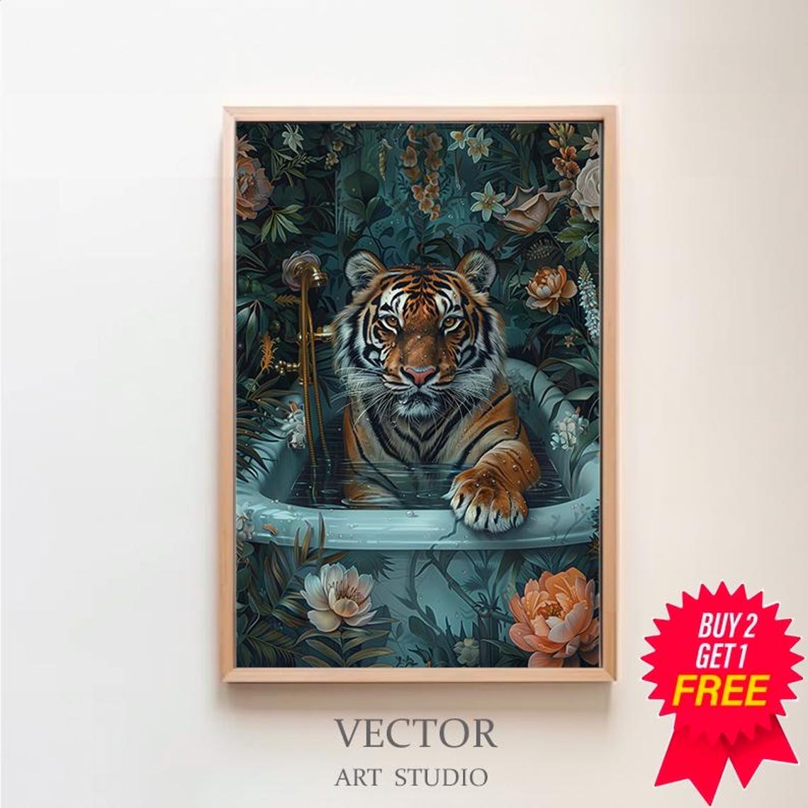Tiger Bathing in Light Blue Bathtub Lush Floral Jungle Poster