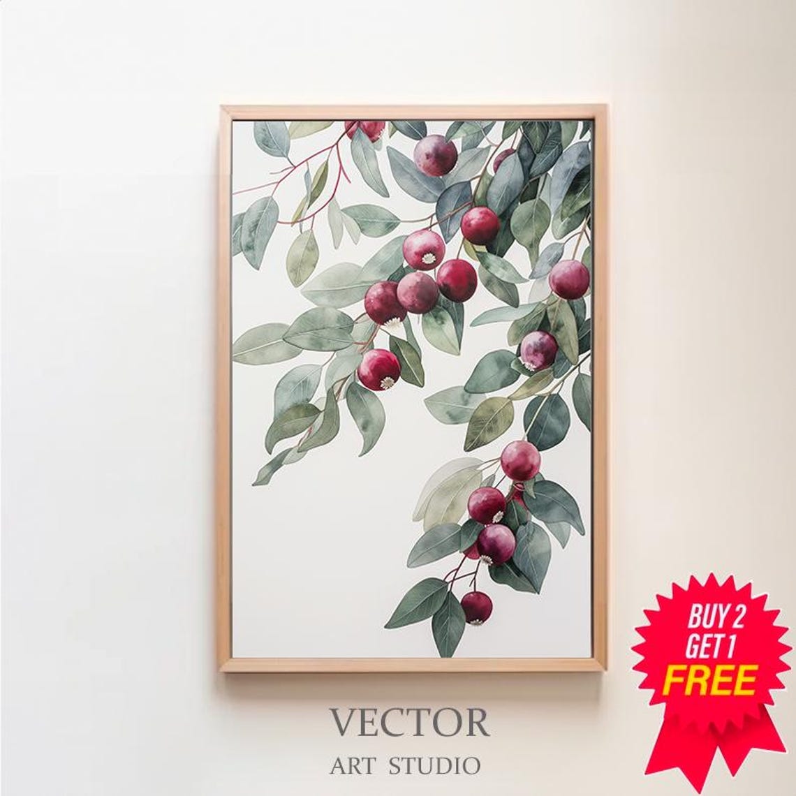 Australian Crimson Berry Eucalyptus Branch Watercolor Botanical Poster