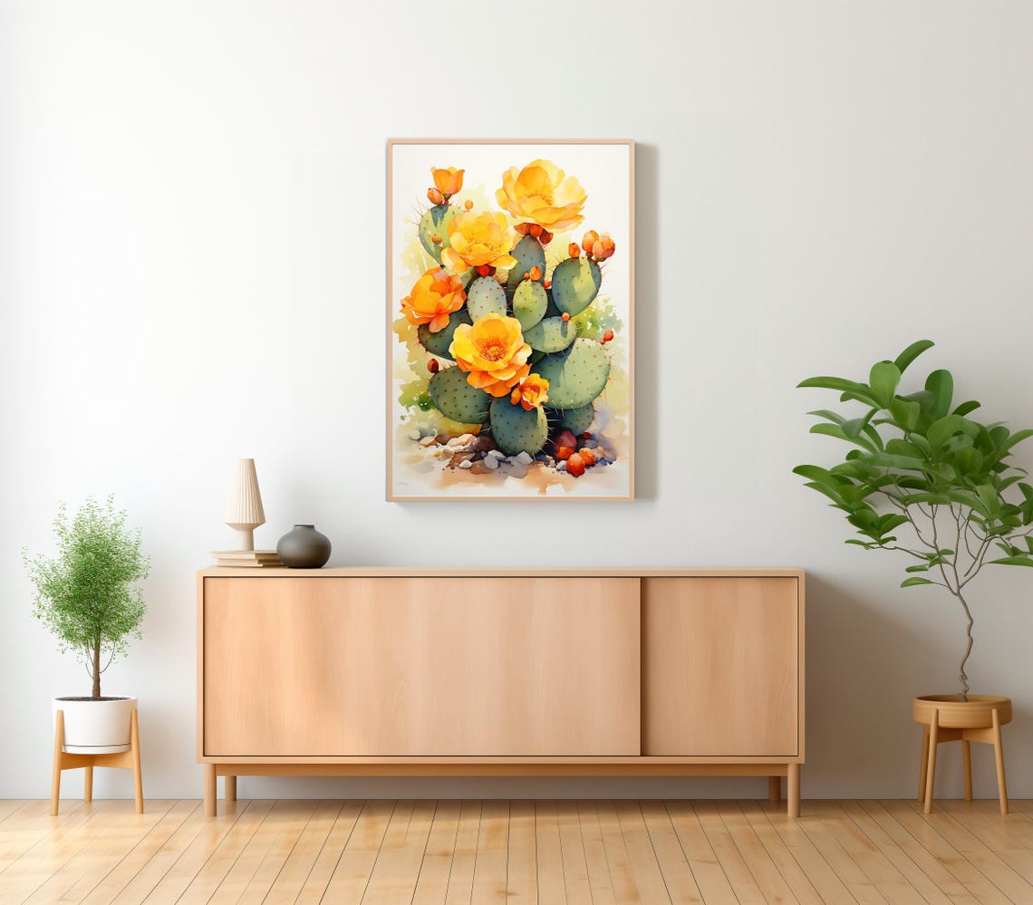 Golden Yellow Prickly Pear Cactus Blooms in Watercolor Poster - Image 2