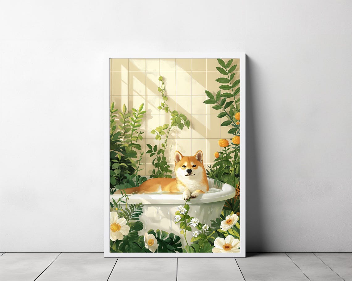 Smiling Shiba Inu in Sunny Bathtub with White Daisies Poster - Image 3