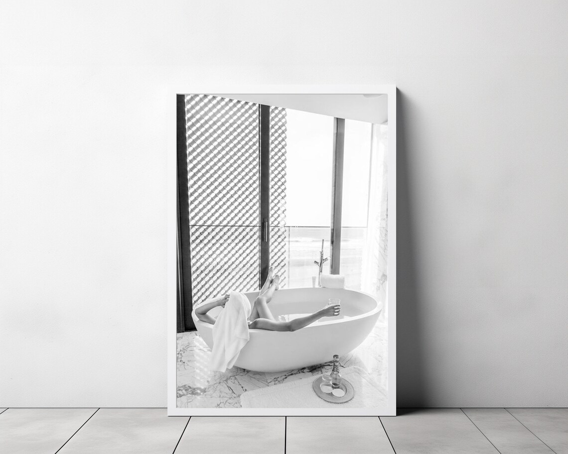 Woman Relaxing In Marble Bathtub With Wine Glass Black And White Poster - Image 3