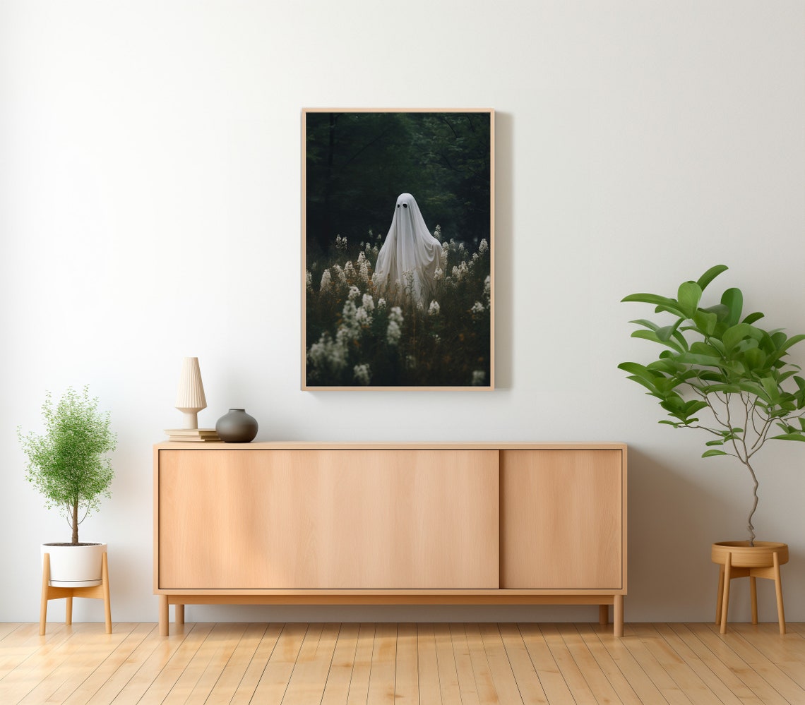 Ghost Standing Among Tall White Wildflowers at a Forest Edge Poster - Image 2