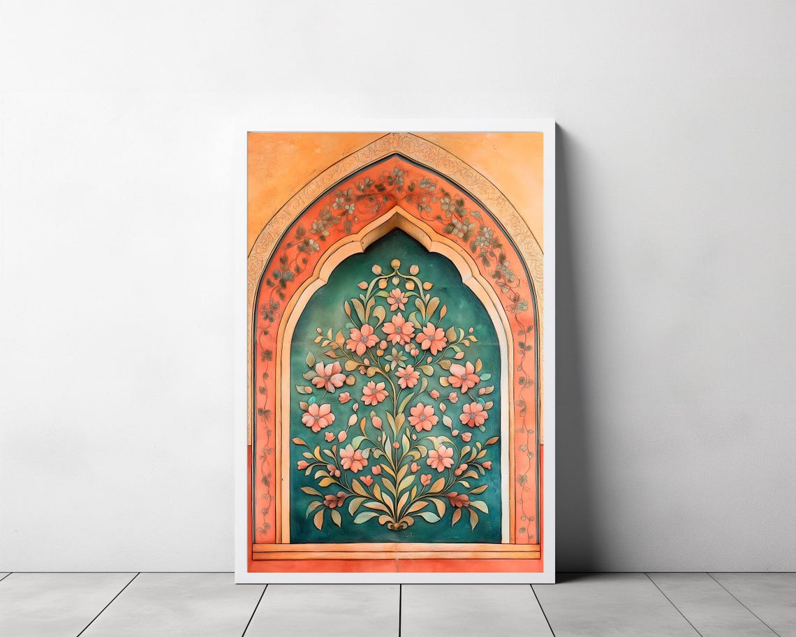 Islamic Floral Arch In Coral And Teal Mughal Style Wall Poster - Image 3