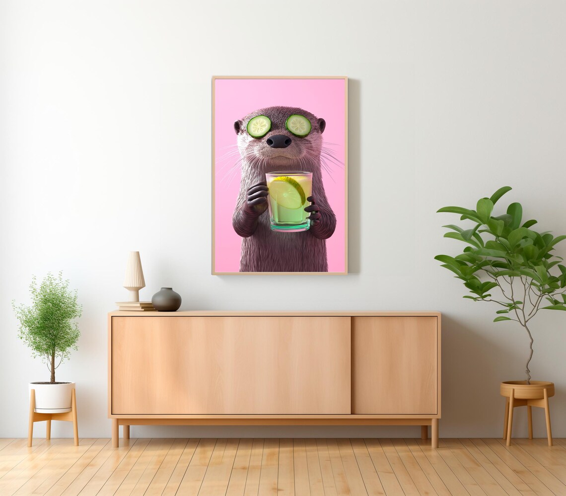 Otter with Cucumber Eyes Holding a Lime Cocktail Pink Funny Animal Poster - Image 2