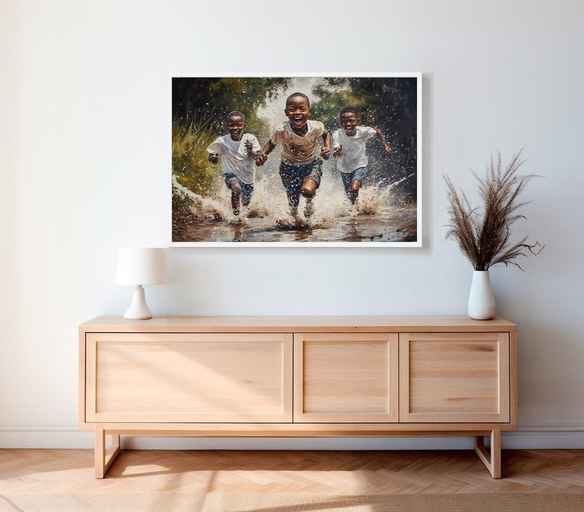 Three Joyful African Boys Running Through Splashing Water Art Poster - Image 2