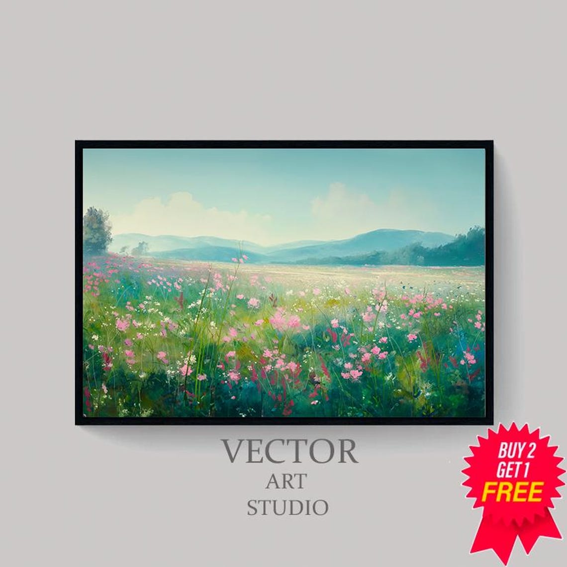 Pink Wildflower Meadow Under Blue Sky Spring Landscape Art Poster - Image 4