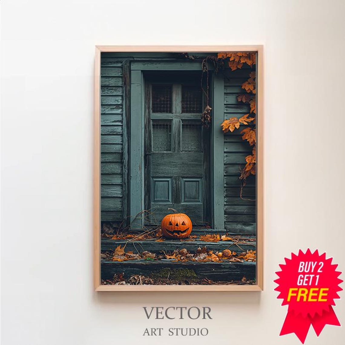 Jack O Lantern On Dark Teal Wooden Doorstep Halloween Poster