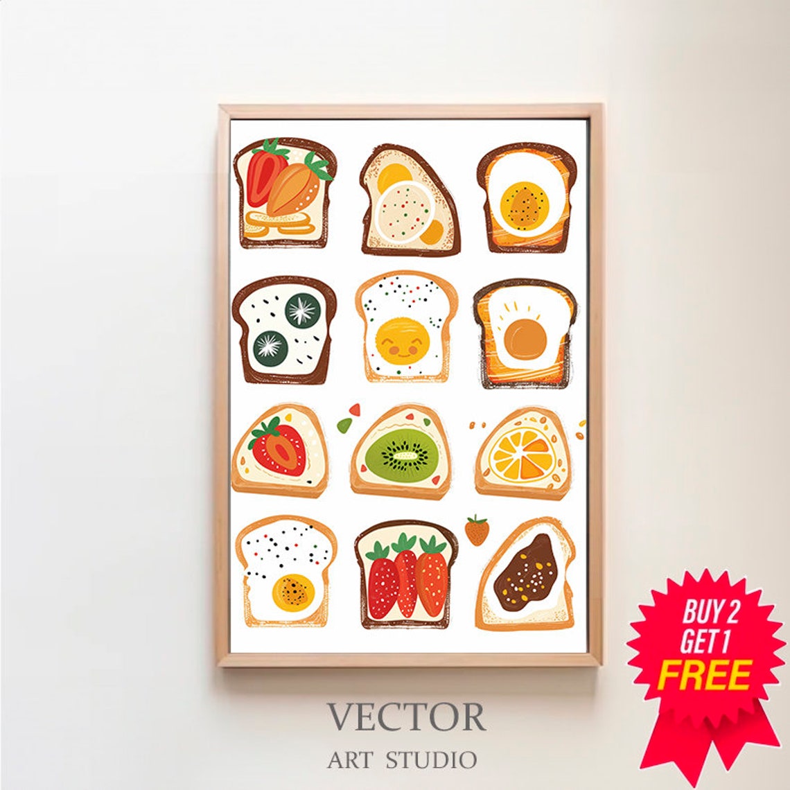 Cute Breakfast Toast Grid Eggs Fruit Cheerful Kitchen Wall Poster