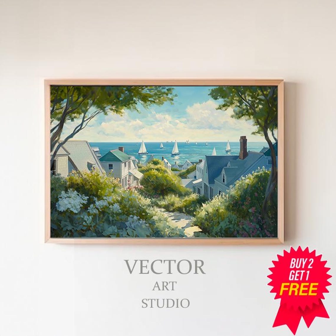 Charming Coastal Town With Sailboats On A Bright Summer Day Poster