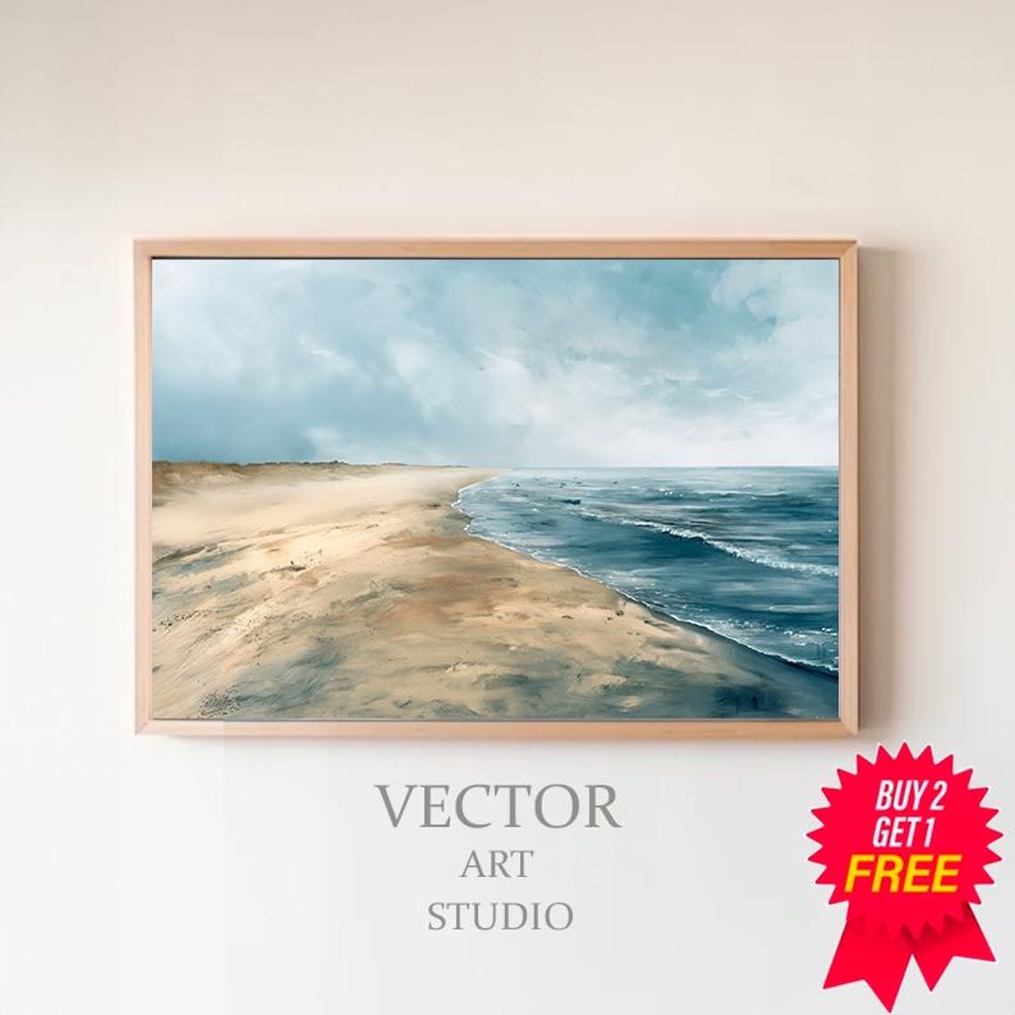 Blue Grey Sky Over a Wide Sandy Beach Shoreline Seascape Art Poster