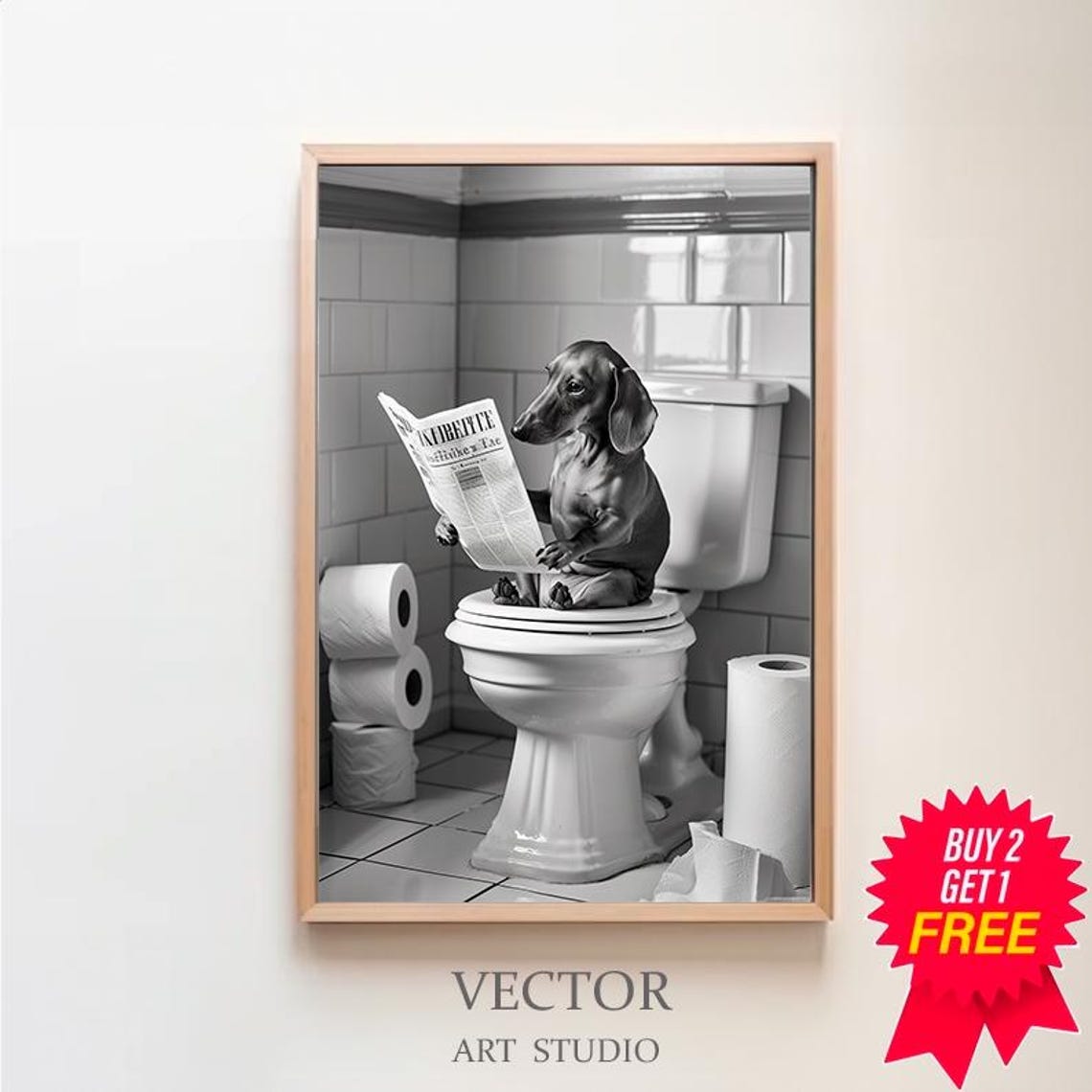 Dachshund Wall Art Funny Bathroom Decor Dachshund Dog In Toilet Animal In Toilet Dog Art Dachshund Gift Petshop Art