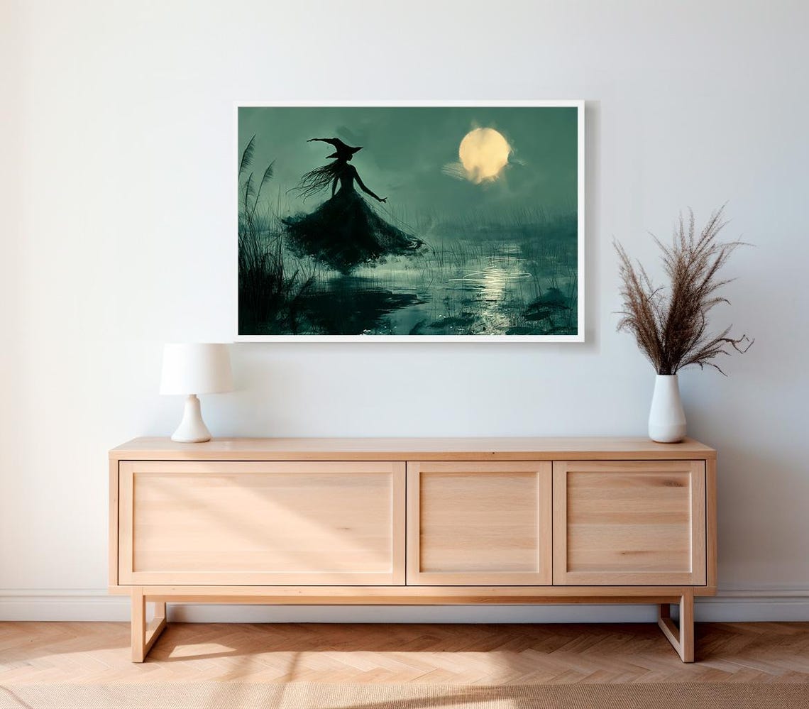 Witch Silhouette in a Moonlit Marsh with Reeds Halloween Poster - Image 2