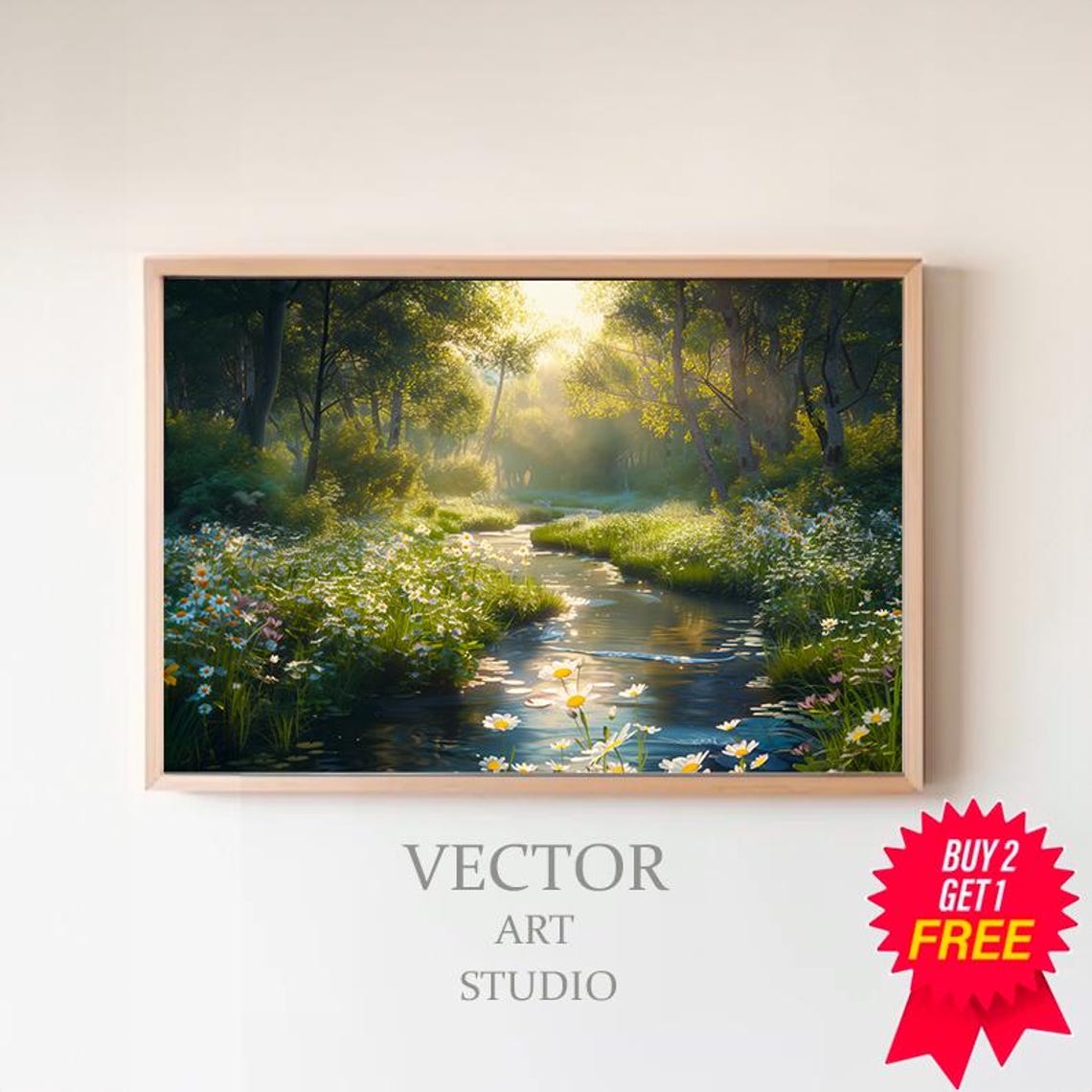 Spring Stream Through A Daisy Meadow Forest Landscape Art Poster