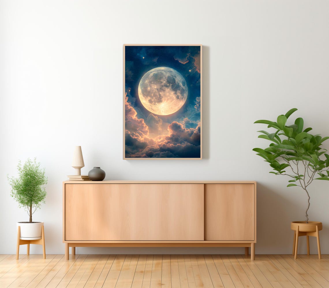 Luminous Full Moon Above Pink Clouds Dreamy Night Sky Poster - Image 2