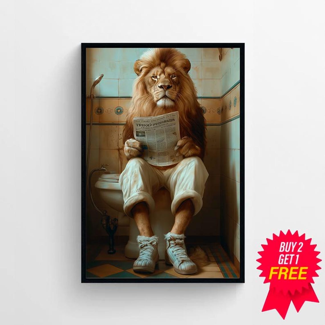 Funny Lion in Shorts and Sneakers Reading on Toilet Bathroom Poster - Image 4