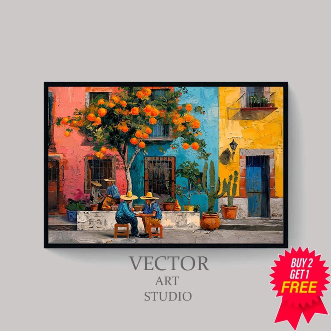 Mexican Village with an Orange Tree and Men in Sombreros Poster - Image 4