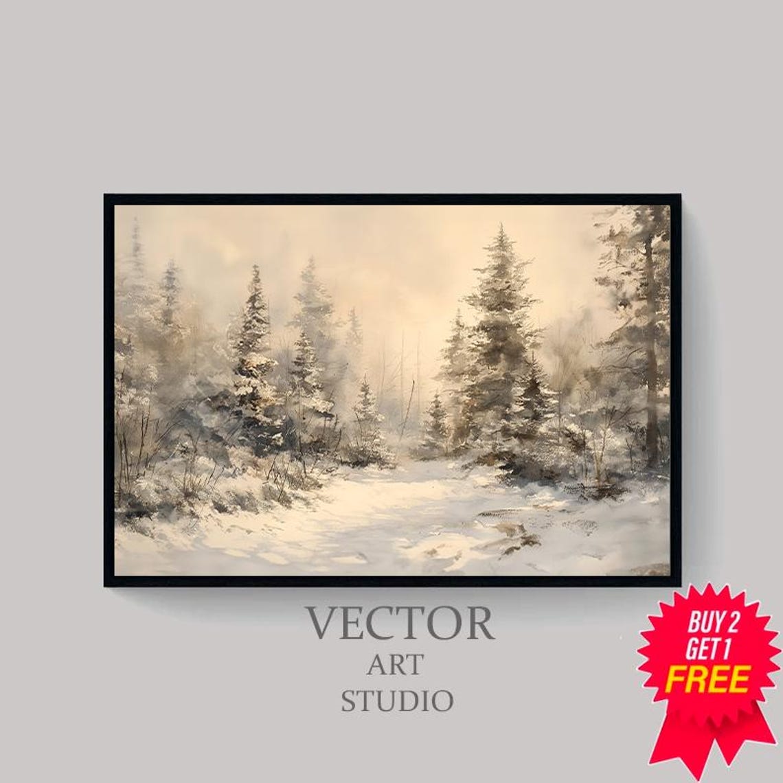 Snowy Pine Forest in Mist Neutral Winter Watercolor Forest Poster - Image 4