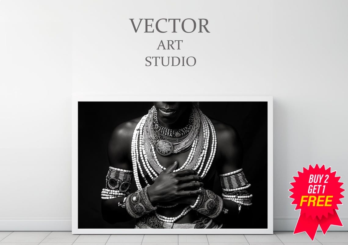 Dramatic African Bead Necklace Portrait Black And White Poster - Image 3
