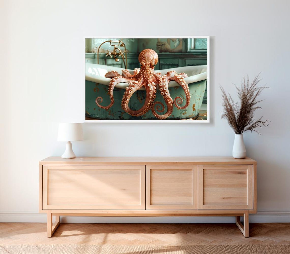 Curious Octopus Peeking Over a Rustic Teal Clawfoot Bathtub Art Poster - Image 2