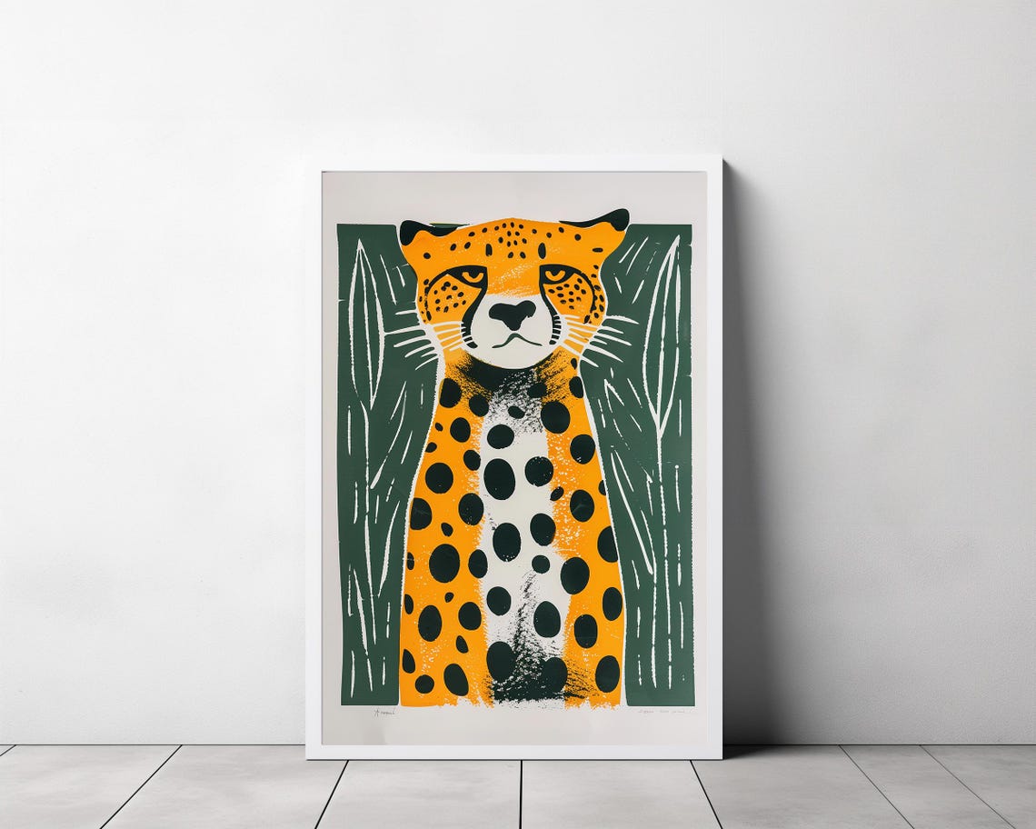 Bold Linocut Cheetah Portrait on a Deep Green Safari Art Poster - Image 3
