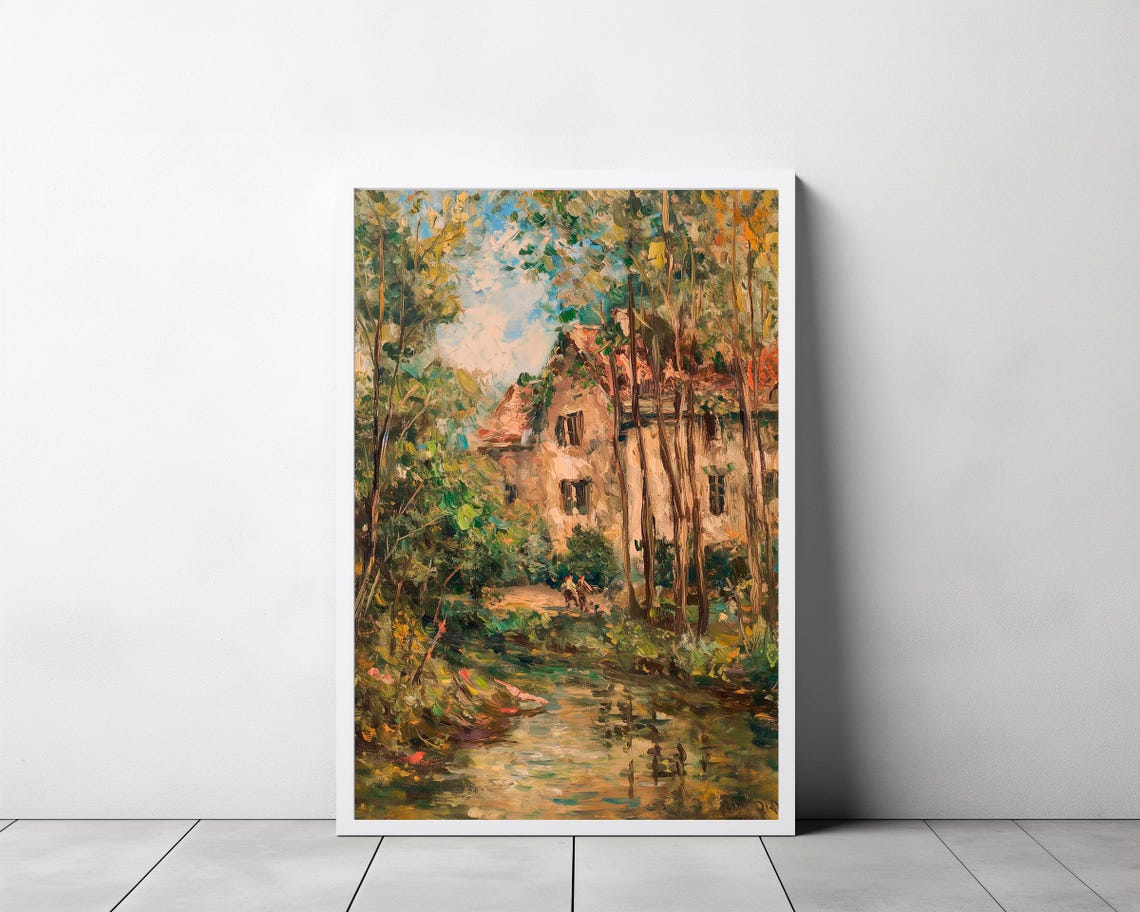 Rustic Country House By A Stream Impressionist Spring Painting Poster - Image 3