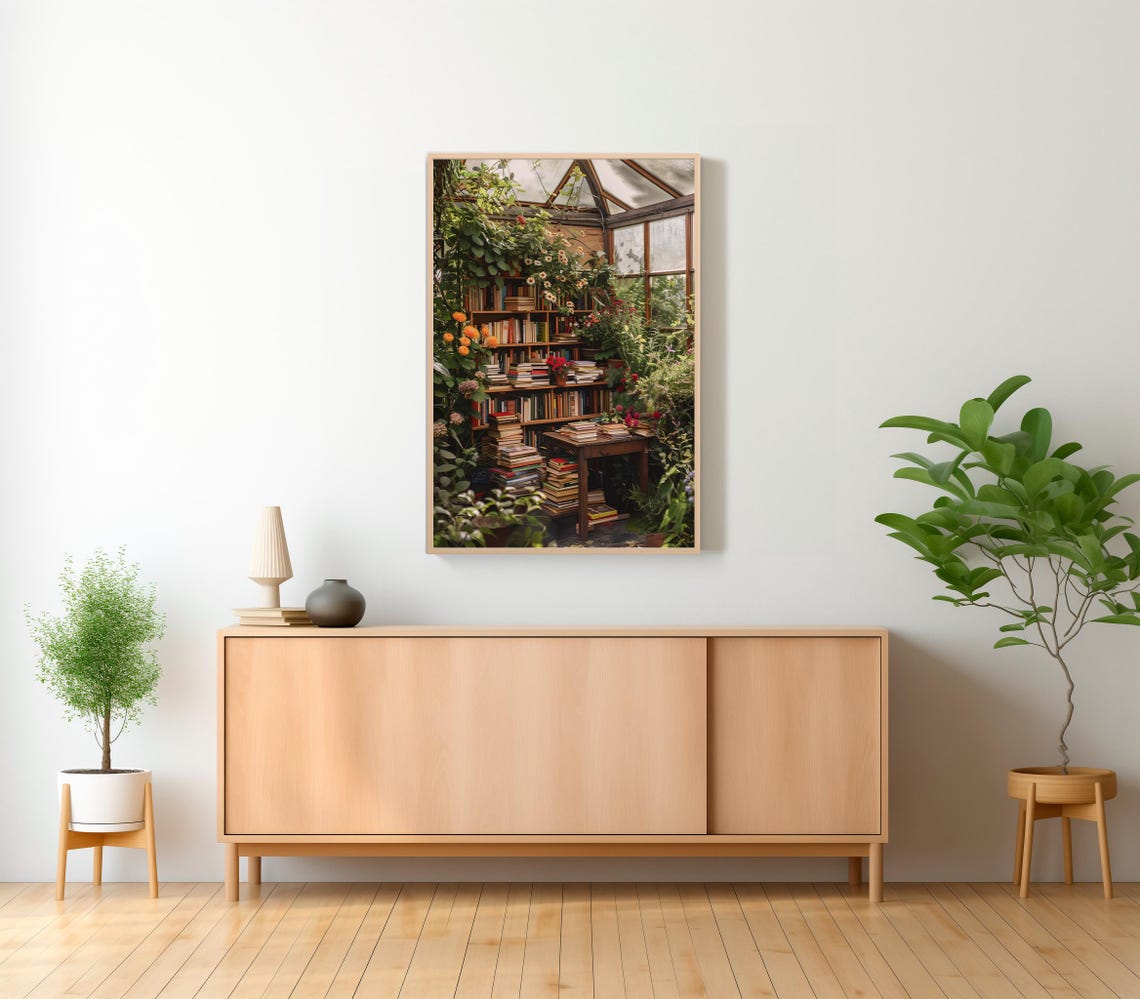 Conservatory Library Painting with Plants Books and Flowers Poster - Image 2