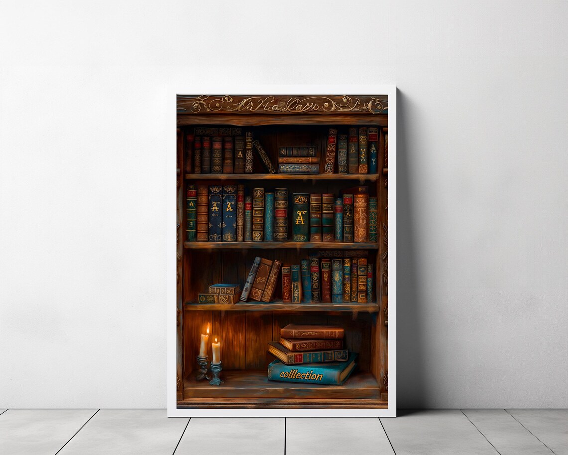 Victorian Bookshelf With Antique Books Candles Dark Academia Poster - Image 3