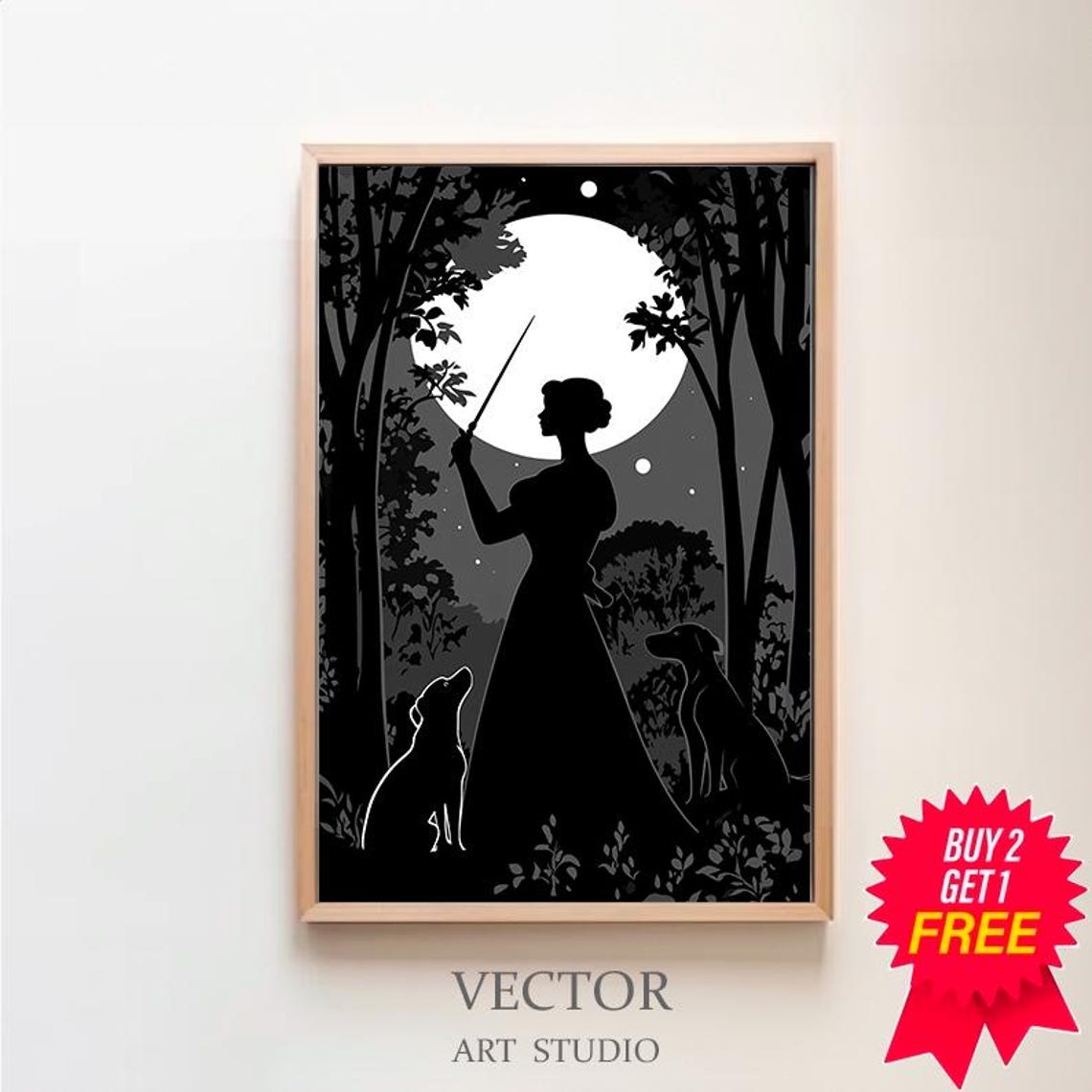 Hecate Moon Witch Silhouette Raising Torch Night Forest Art Poster