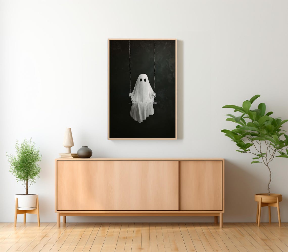 Sheet Ghost Standing Tall on a Swing at Night Moody Dark Poster - Image 2