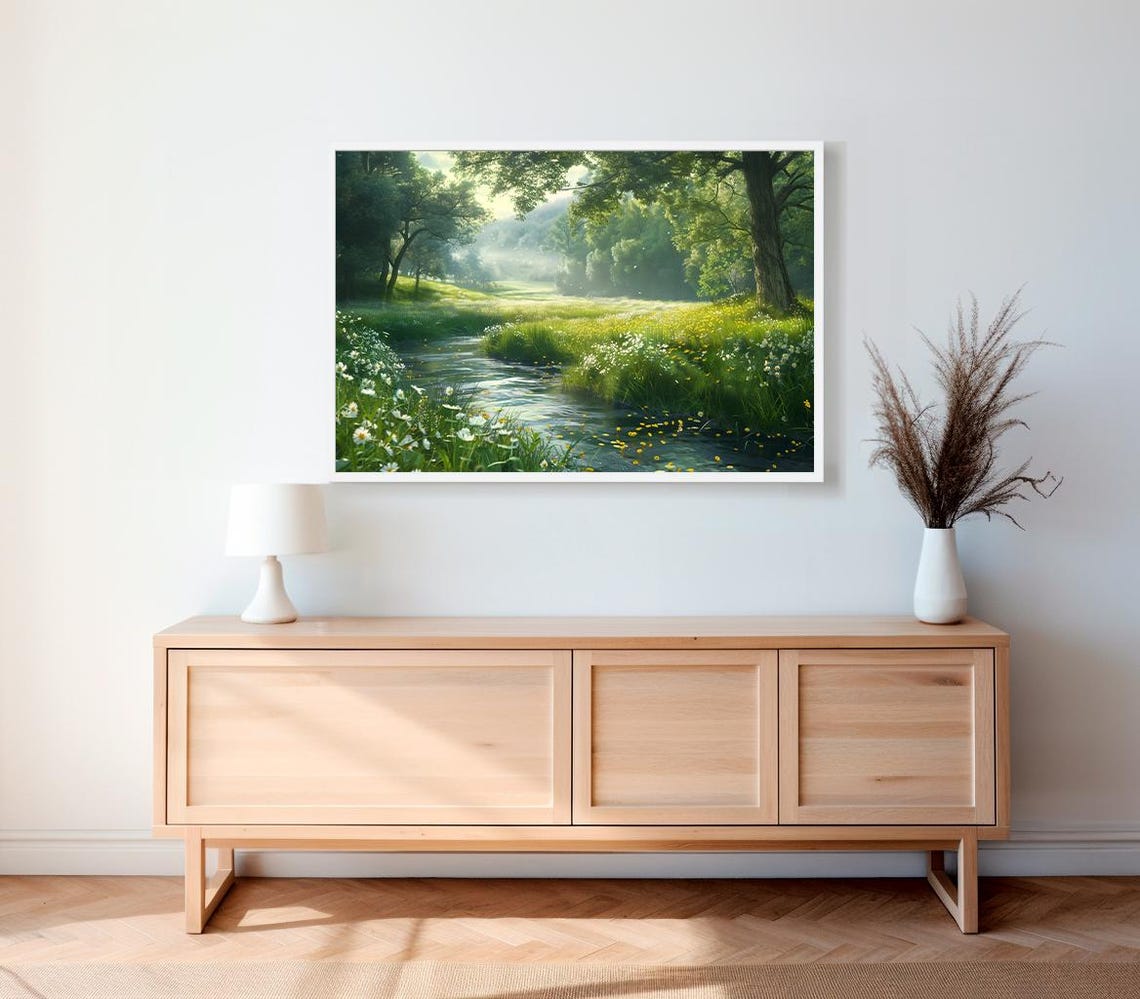 Misty River Meadow At Dawn With Wildflowers Landscape Art Poster - Image 2