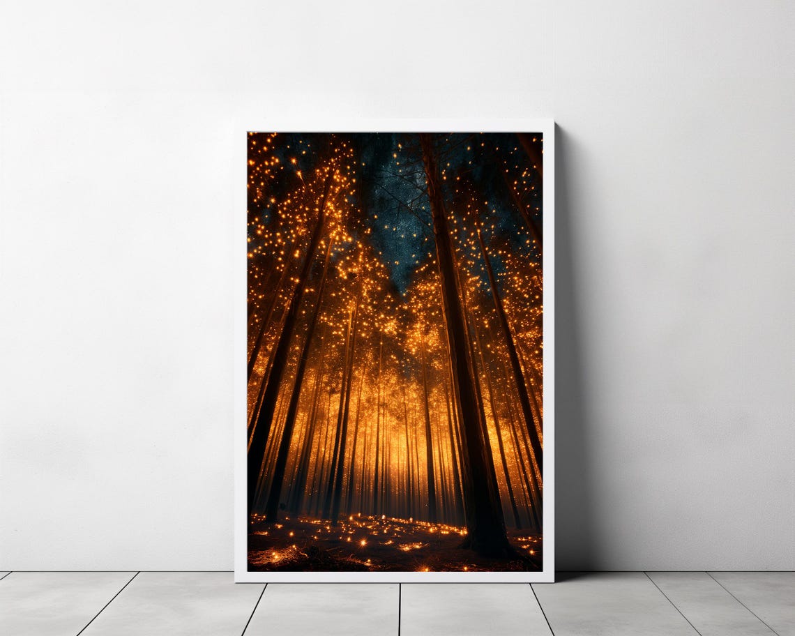 Magical Forest Wall Art Print Dark Maximalist Art Print Enchanted Fireflies Decoration Forest Landscape Deco Moody Botanical Canvasr - Image 3