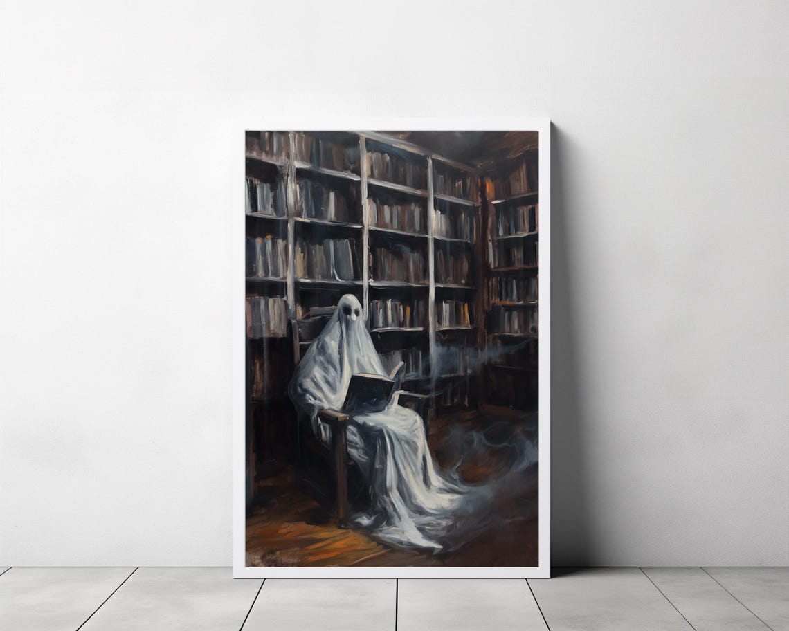 Wispy Ghost Reading In Armchair Deep In Dark Library Halloween Poster - Image 3
