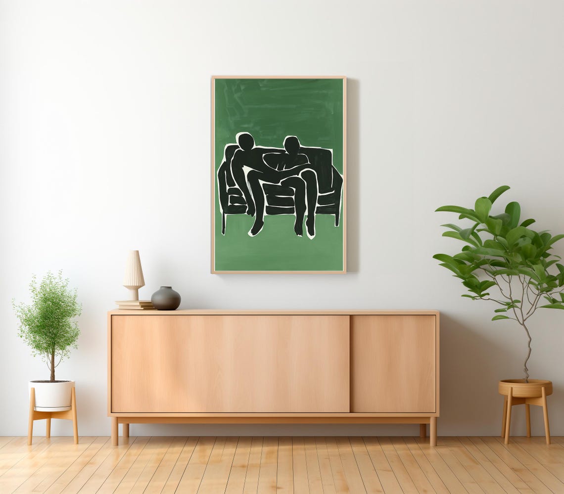 Abstract Embrace of Two Black Figures on a Green Couch Poster - Image 2