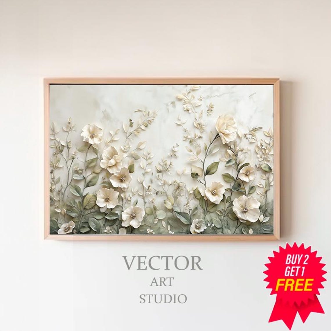 White Wildflowers On Marble Sage Green Textured Floral Poster