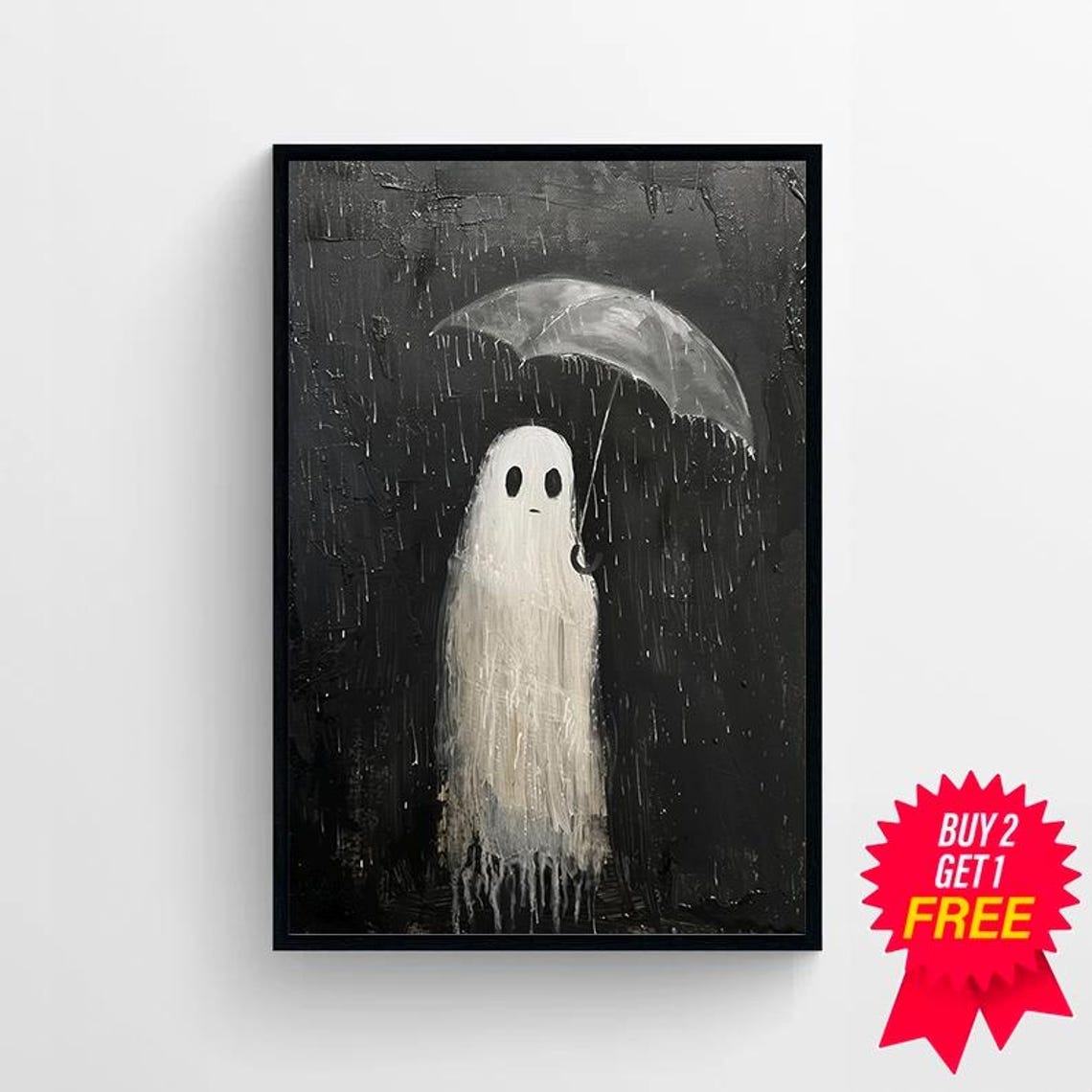 Sad Little Ghost Under Umbrella in Heavy Rain Dark Moody Poster - Image 4